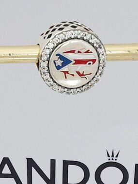 Pandora Engraved Frog Flag Puerto Rico Bead Charm Pendant S925 Silver with box